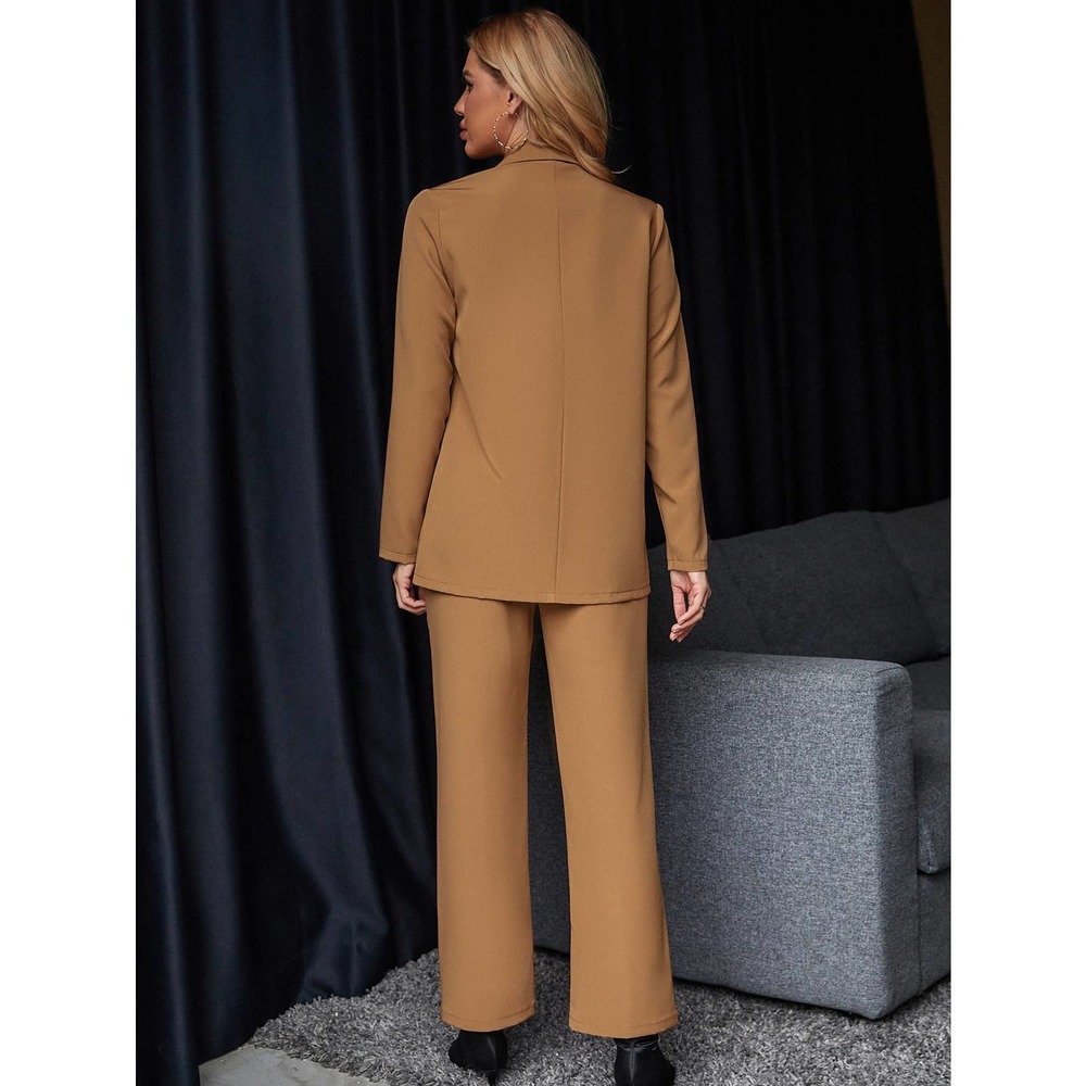 2 piece suit set: Button Front Blazer & tailored dress Pants camel brown tan - Picture 3 of 11